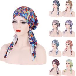 Ethnic Clothing Stylish Women Pre-Tied Turban Chemo Cap Muslim Print Cancer Hijab Inner Hat Beanie Bonnet Long Tail Bandana Headscarf Wrap