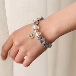 18 to 21CM pink light purple charm beads bracelet me you forever pendant fit silver snake chain bangle DIY Accessories Jewellery for302S