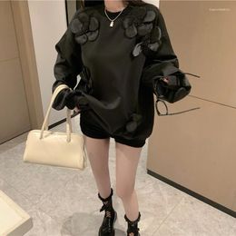 Women's Hoodies Korean Beading Sweet Sweatshirt Long Sleeve Loose Oversize Women Three-dimensional Flower Pullover Tops 2023 Spring Fall