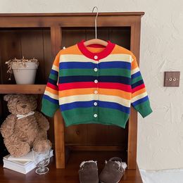 16230 New Autumn Winter Rainbow Striped Sweater For Boys and Girls Kids Knitted Cardigan Children Long Sleeve O-Neck Knitwear Sweater Coat