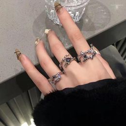Cluster Rings Fashion Black Drip Glaze Zircon Spades Heart Ring Set Of Women Girls Punk Silver Color Irregular Y2k Shining Party Jewelry
