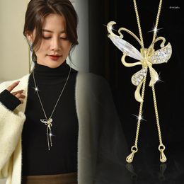 Pendant Necklaces Two Wearing Removable Crystal Butterfly Sweater Chain Brooches Temperament Long Necklace Accessories Wholesale