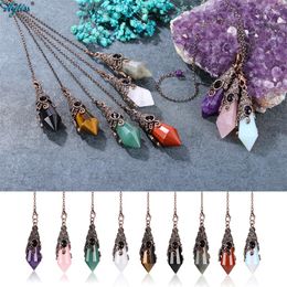 Pendant Necklaces Ayliss Natural Gemstone Dowsing Pendulum Antique Flower Copper Wired Wrapped Crystal Reiki Healing Hexagonal Energy Yoga