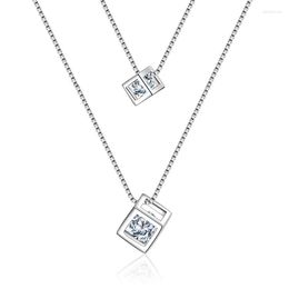 Pendants Luxury 925 Sterling Silver Necklace Double Chain Cube Zircon Link Women Wedding Party Accessory Lucky Jewellery Gift