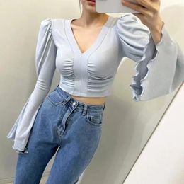 Women's Hoodies Korejepo Flare Sleeve T-shirt Chic Autumn V-neck Slim Fit Short Tops 2023 Gentle Beautiful Romantic Blouse