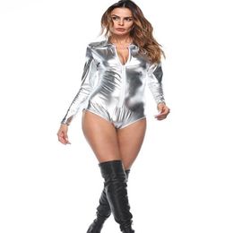 Women's Jumpsuits & Rompers Women Clothes 2021 Silver Pu Leather Plus Size Bodysuit Casual Long Sleeve Zipper Bodycon Jumpsui3225