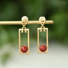 Dangle Earrings Southern Red Agate Elegant Ear Studs Women's Simple Retro Style All-Match Round Beads High-Key Eardrop Temperament Long