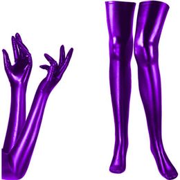 Sexy Long Gloves And Stockings Set Women Exotic Cosplay Party Accessories Metallic Gloves Socks Faux Leather Dancing Clubwear240m