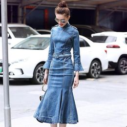 Casual Dresses Bodycon Denim Dress Women Autumn Wrist Flare Sleeve Midi Spring Jeans Ladies Elegant Formal Mermaid338g