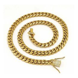 Acciaio inossidabile 18 carati Placca in oro massiccio Colata Chiusura Diamante CUBAN LINK Collana Bracciale per uomo Catene barbazzale Gioielli 8 5quo240D