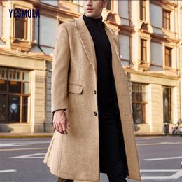 Men's Wool Blends YESMOLA Autumn Winter Mens Coat Solid Long Sleeve Woolen Jackets Fleece Men Overcoat Streetwear Fashion Long Trench Outerwear 231006