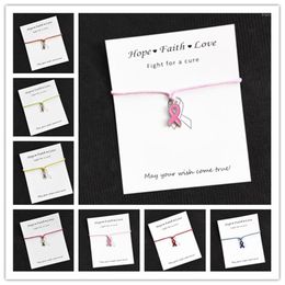 Whole Hope Pink Ribbon Breast Cancer Awareness Charms Wish Card Charm Bracelet For Women Men Girls Friendship Gift 1pcs lot1219l