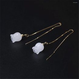 Dangle Earrings Real 925 Sterling Silver Natural Gemstones White Jade Handmade Fine Jewelry Flower Drop For Women Gift