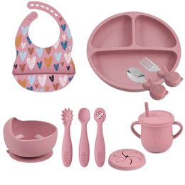 Cups Dishes Utensils 6/8/10PCS/Set Baby Silicone Sucker Bowl Plate Cup Bibs Spoon Fork Sets Children Non-slip Tableware Baby Feeding Dishes BPA Free 231007