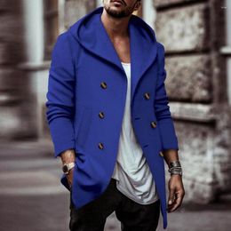 Mens Jackets Men Winter Jacket Stylish Double-breasted Hooded Coat Mid Length Solid Colour Soft Warm Cardigan for Fall/winter