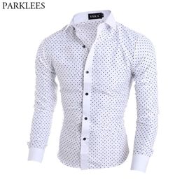 Mens Polka Dot Print White Dress Shirts Slim Fit Long Sleeve Chemise Homme Business Casual Button Down Shirt Male Camisa Social315E