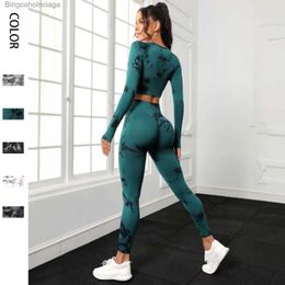 Active Sets Seamless Tie-Dye Yoga Sets Sports Fitness High Waist Hip-lifting Trousers Long-Sleeved Suits Workout Gym Leggings Sets for WomenL231007