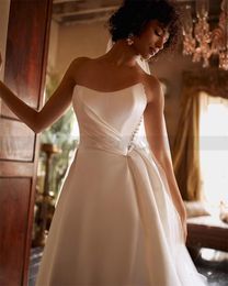 High Quality Satin Wedding Dresses Strapless High Split Ruched Bridal Gown Puffy Skirt Ivory Church Robe de Mariage