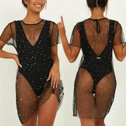 Cover-Ups Women Sexy Moon Star Sequin Mesh Bikini Cover Up Swimwear Bathing Beach Dress Sundress Sarongs267T