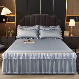 Saia de cama WOSTAR Saia de cama de renda de luxo colcha de verão sólida cetim rayon roupa de cama casal solteiro duplo queen king size lençol 231007