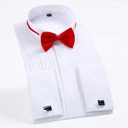 Men's Wing-tip collar 1 4 Pleat Tuxedo Dress Shirt French Cuffs Hidden Buttons Placket Long Sleeve Wedding Bridegroom S314R