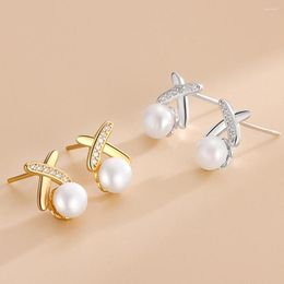 Stud Earrings WPB S925 Sterling Silver X Cross Pearl Women K Gold Plated Luxury Jewellery Gifts Party Prom Banquet