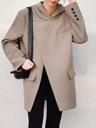 Women's Suits Fashion Irregular Hooded Blazers For Women Slit Long Sleeves Coats Korean Style Office Lady Clothing 2023