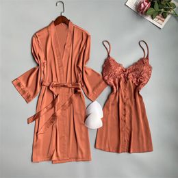 Women's Sleepwear Women 2Pcs Robe Gown Suit Kimono Pajamas Sets Sexy Orange Satin Lace Bathrobe Home Wear Nightgown