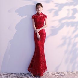 Basic Casual Dresses Lace Mermaid Chinese Style Lady Cheongsam Long Tight Elegant Dress Big Size 3XL Vestidso Vintage Red Bride Wedding Qipao 231006