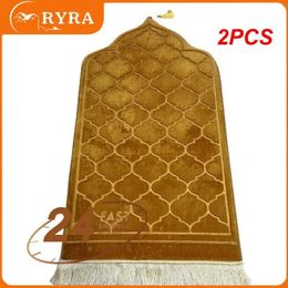 Carpets 2PCS Prayer Mat for Muslim Ramadan Flannel Carpet Worship Kneel Embossing Floor Carpets Non-slip Soft Portable Travel Prayer Rug 231006