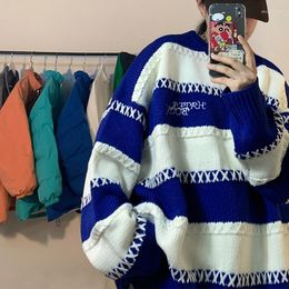 Men's Sweaters Blue Sweater Design Niche Couple Oversize Striped Top Warm Sweatshirt Versatile Outer Wear Loose Casual