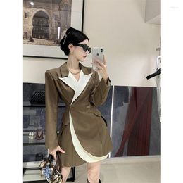 Casual Dresses Korean Style Girl Suit Dress Women's Autumn Long-sleeved Contrast Slim Fit Turn-down Collar Fashion Female Clothes