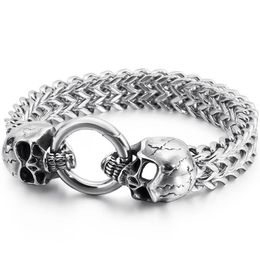 Link Chain Gothic Double Skull Man Bracelet In Stainless Steel Mens Charm Bracelets Steampunk Skeleton Jewellery Guests GiftsLink2820