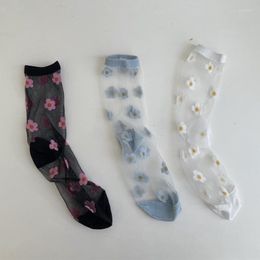 Women Socks Japanese Korean Floral Print Summer Ultra-thin Transparent Crystal Silk Harajuku Retro Girls Kawaii Cute