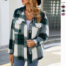 Women's Wool Blends Women's Wool Coat Autumn Winter Jackets Lady Fashion Lapel Thick Warm Plaid Casual Loose Pocket Woolen Shirt Coat Abrigo Mujer 231007