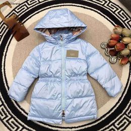 baby Long down jacket Elastic waist design blue child Winter clothing Size 2-14 CM Checkered lining hooded overcoat for girl Oct05