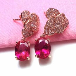 Dangle Earrings Light Luxury Red Gem In Exquisite Flower For Women 585 Purple Gold Plated 14K Rose Earings Jewelry