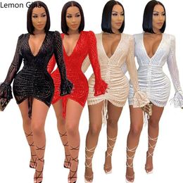 Casual Dresses Lemon Gina Sexy Chic Women Mini Dress Slim Deep V Neck Lantern Sleeve Sequined Bodycon Female Night Club Party Outf261J