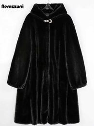 Women's Fur Faux Fur Nerazzurri Winter Long Black Thick Warm Fluffy Faux Mink Fur Coats for Women Winterwear with Hood Luxury Fluffy Jacket 6xl 7xlL231007