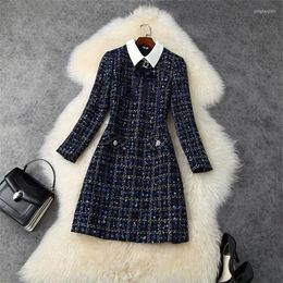 Casual Dresses Autumn Winter Plaid Tweed Dress Women Designer Navy Blue Bow Tie Long Sleeve Diamonds Buttons Vintage Woollen Mini B255B