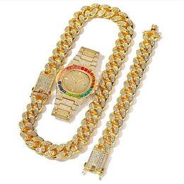 Chains Necklace Watch Bracelet Miami Cuban Link Chain Big Gold Iced Out Rhinestone Bling Cubana Mens Hip Hop Jewelry Choker Watche243c