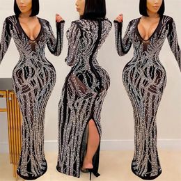 Casual Dresses Rhinestone Night Club Party Dress Women Long Sleeve Sparkly Elegant Birthday For Sheer Mesh Mini Sexy Bodycon2632