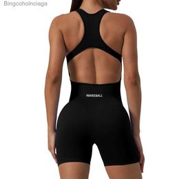 Active Sets Ribbed One Piece Rompers Yoga Set Seamless Women Push Up Padded Sports Bra Backless Bodysuit Hollow Out Fitness Yoga Shorts SetL231007