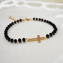 Charm Bracelets 2021 Fashion Exquisite Black Beades Cross Bracelet Gold Color Metal Chain For Women Men Party Gifts Jewelry212A