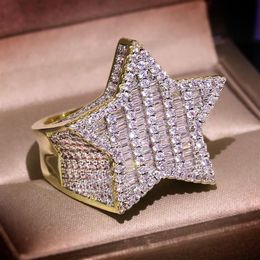 Big Bling Zircon Stone Gold Hip Hop Star Pentagram Ring for Women Man Fashion Jewellery 2020 New Wedding Engagement Ring228J