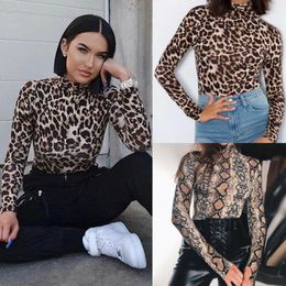 Zweiteilige Damen-Hosen, Leoparden-Bodysuit für Frauen, sexy, figurbetont, dünn, Body-Anzug, Rollkragen, langärmelig, Playsuit, bedruckter Strampler, Jumpsuits