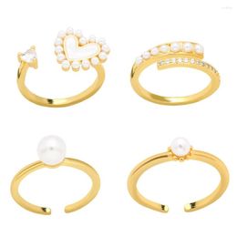 Cluster Rings FLOLA Exquisite White Pearl For Women Copper Gold Plated Heart Stackable Jewellery Gifts Rigr83