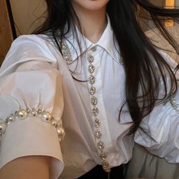 Women's Blouses Female Spring 2023 Diamond Top Beaded Bubble Sleeves Blouse Roupas Femininas Rhinestone White Shirt Blusas Mujer Loose