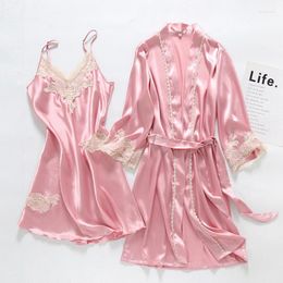 Women's Sleepwear Nightshirt Set 2PC Nighties Wear Pijama Home Nightwear Nightdress Silk Robe Sleep Suit Womens Lace Satin Pyjamas Gown