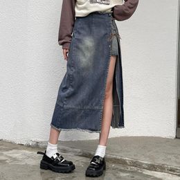 Skirts Summer 2023 Streetwear Fashion Asymmetrical Patchwork Long Skirt Burr Lace Up Side Split Denim Women Retro Aesthetic